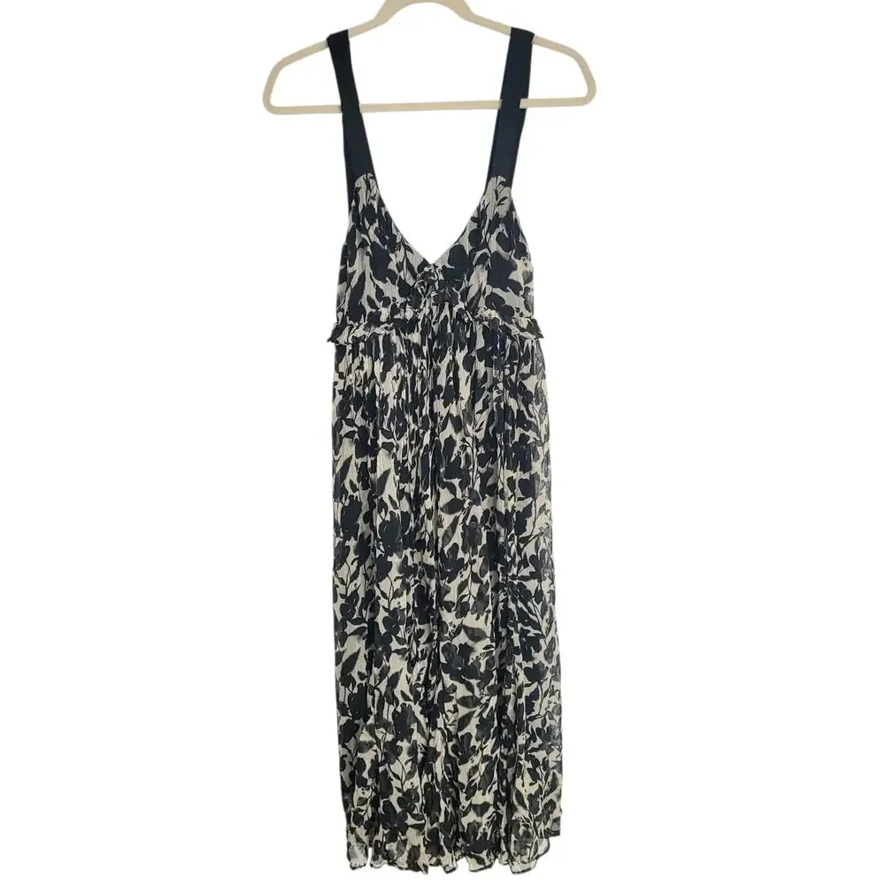 J Crew Collection Ruffle Trim Chiffon Midi Dress Black Tan V Neck Straps Small 4